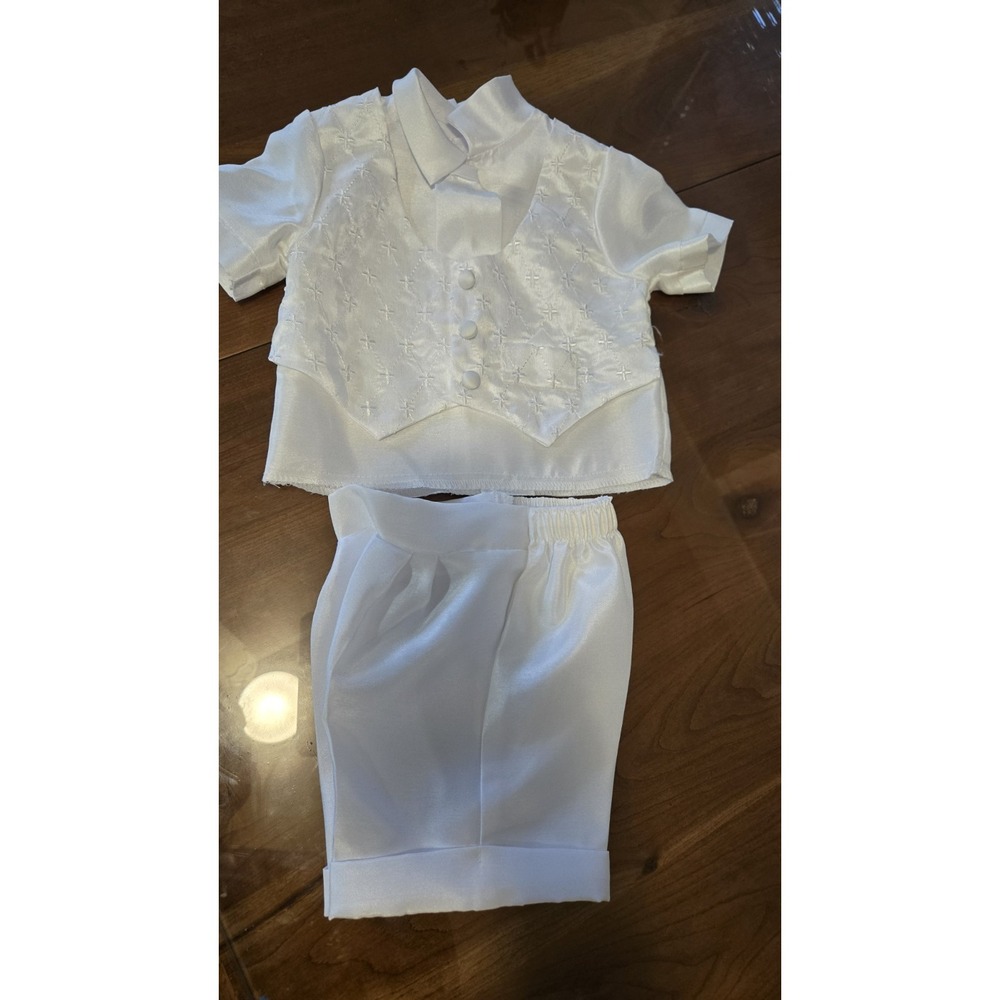 Baby Boys White Formal 3 Piece Suit Vest Shirt Tie Pants 9-12 Months USA Made